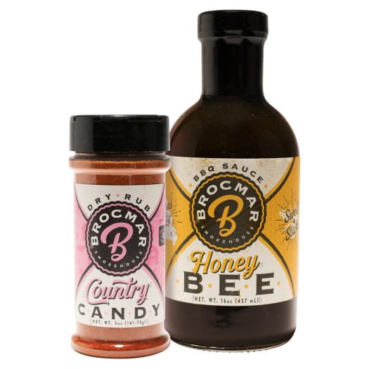 A bottle of honey bee and a jar of country candy.