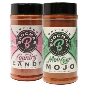 Bottles of Moo Cow Mojo and Country Candy dry rub