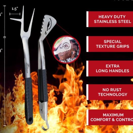 A picture of the features of the bbq tool set.