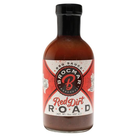 A bottle of red dirt road bbq sauce.