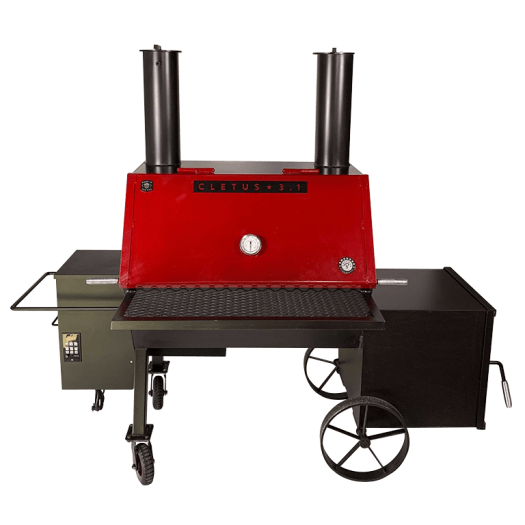 A red bbq sitting on top of a black cart.
