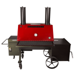 A red bbq sitting on top of a black cart.