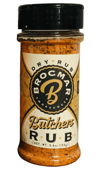 153g container of Brocmar Smokehouse dry rub in the “butchers rub” flavor
